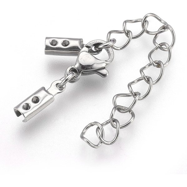 Tarnish Resistant 304 Stainless Steel Chain Extender, with Cord Ends and Lobster Claw Clasps, Stainless Steel Color, 31mm long, Chain Extenders: 42mm, Cord End: 10x3x2.5mm, Inner: 2.5mm, Clasp: 9x6.5x3mm