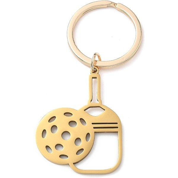 Porte-CléS En Acier Inoxydable 201 DéCoupéS Au Laser En Forme De Pagaie Creuse, Avec Des Anneaux CléS, Or, 75Mm-image
