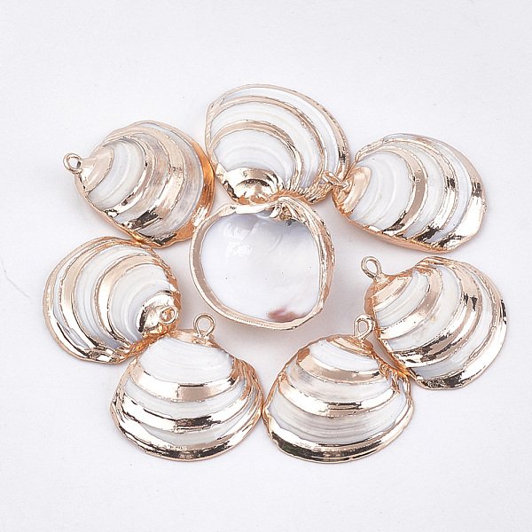 Electroplate Shell Pendants, With Iron Findings, Golden, Seashell Color, 16-29X16-29X5-8Mm, Hole: 1.4-1.8Mm-image