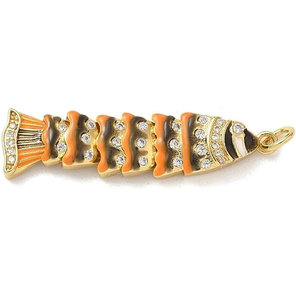 Brass Micro Pave Clear Cubic Zirconia Pendants, Fish Charms, With Enamel And Jump Rings, Rack Plating, Cadmium Free & Lead Free, Long-Lasting Plated, Real 18K Gold Plated, Black, 36.5X8.5X4Mm, Hole: 3.5Mm-image
