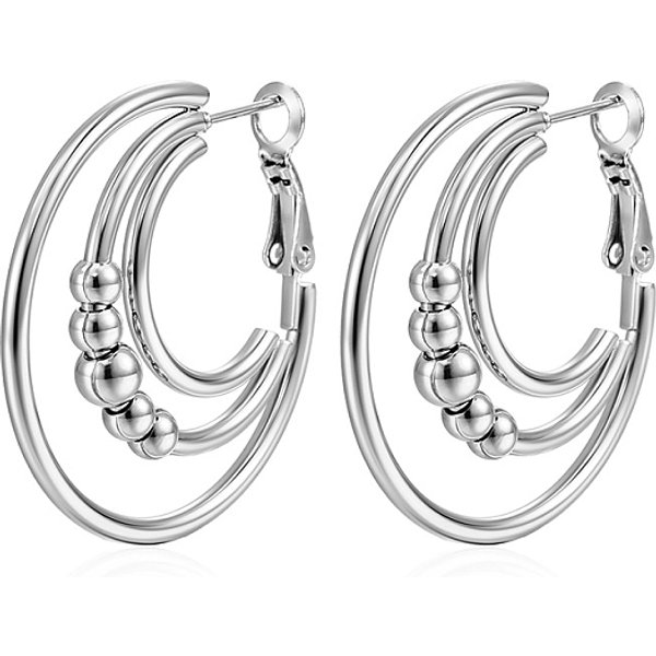 Boucles D'oreilles CréOles Multicouches En Acier Inoxydable à Perles Circulaires De Mode EuropéEnne Et AméRicaine, Tendance Simple Et Polyvalente En Acier Inoxydable, Couleur Inoxydable, 34.5X2Mm-image