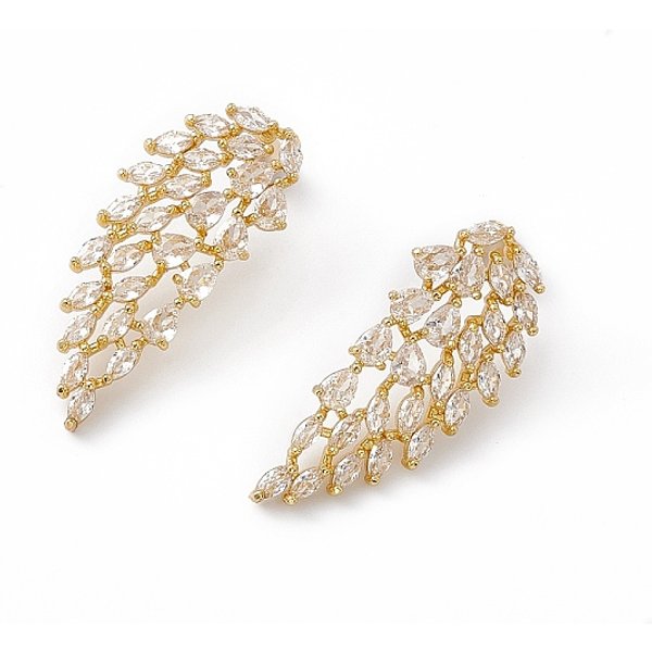 Cubic Zirconia Angel Wing Stud Earrings, Real 18K Gold Plated Brass Jewelry For Women, Lead Free & Cadmium Free, Clear, 33X14.5Mm, Pin: 1Mm-image