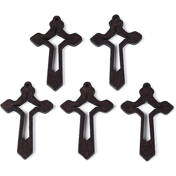 Religion Wood Pendants, Cross, Coconut Brown, 47.5x32x4mm, Hole: 1.8mm