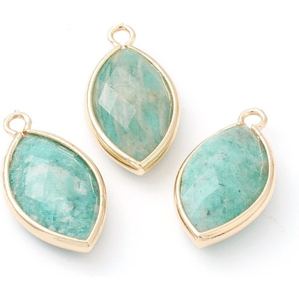 Natural Amazonite Pendants, With Golden Brass Edge, Faceted, Horse Eye, 22X12X5.5Mm, Hole: 1.8Mm-image