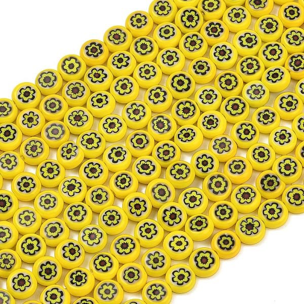 Handmade Millefiori Glass Flat Round Bead Strands, Single Flower Design, Yellow, 6X2.5Mm, Hole: 1Mm, About 64-68Pcs/Strand, 14.5-15 Inch-image