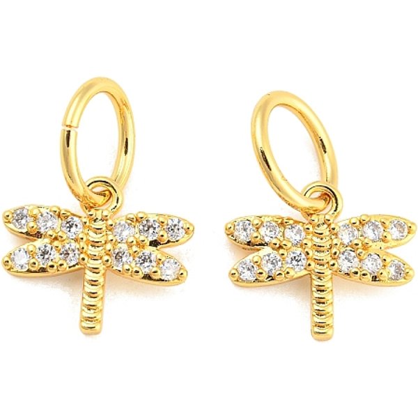 Brass Micro Pave Clear Cubic Zirconia Charms, With Jump Ring, Long-Lasting Plated, Dragonfly, Real 18K Gold Plated, 13X14.5X2Mm, Jump Ring: 10X1Mm, 7.5Mm Inner Diameter-image