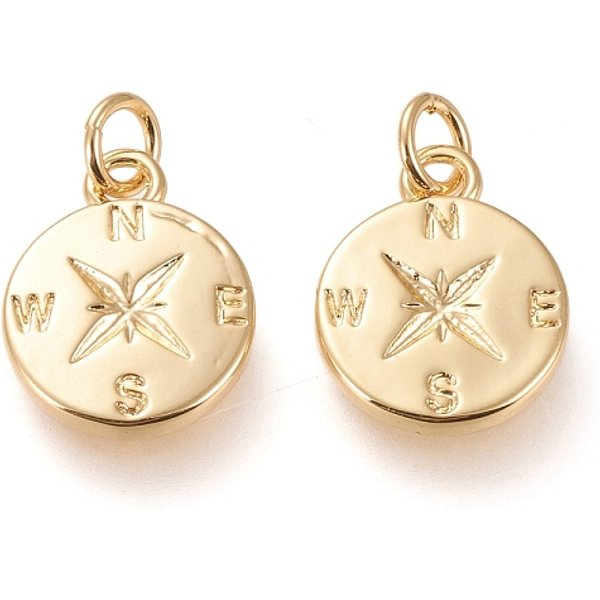 Brass Charms, With Jump Rings, Long-Lasting Plated, Compass, Real 18K Gold Plated, 15.2X12X2Mm, Jump Rings: 5X1Mm, Inner Diameter: 3Mm-image