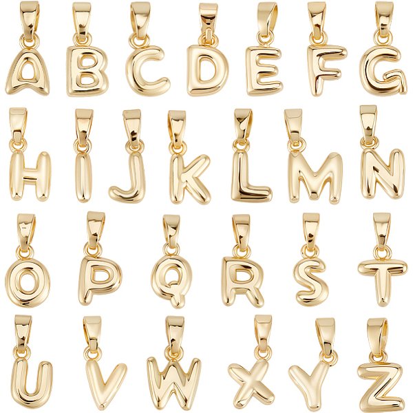 26 pièces 26 styles breloques en laiton, lettre, sans cadmium et sans plomb, Plaqué longue durée, crémaillère plaquage, lettre a - z, 9-11x3-8x2.5mm, Trou: 3x5mm, 1pc / style