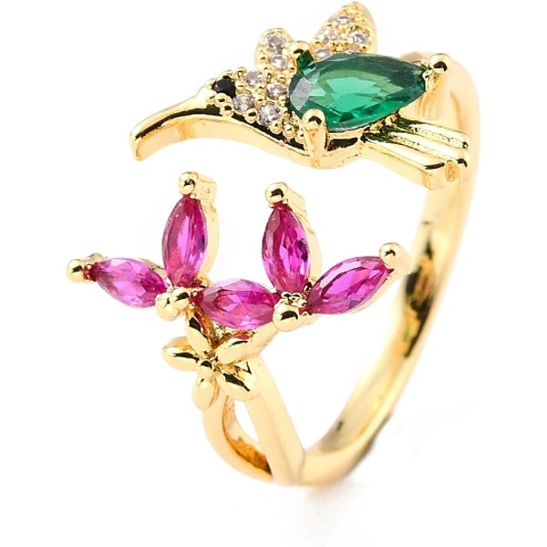 Micro Allanar Anillos De LatóN Manguito De óXido De Circonio CúBico, Anillos Abiertos, PáJaro Y Flor, Real 18K Chapado En Oro, Colorido, Nosotros TamañO 5 3/4 (16.3 Mm), 2-15Mm-image