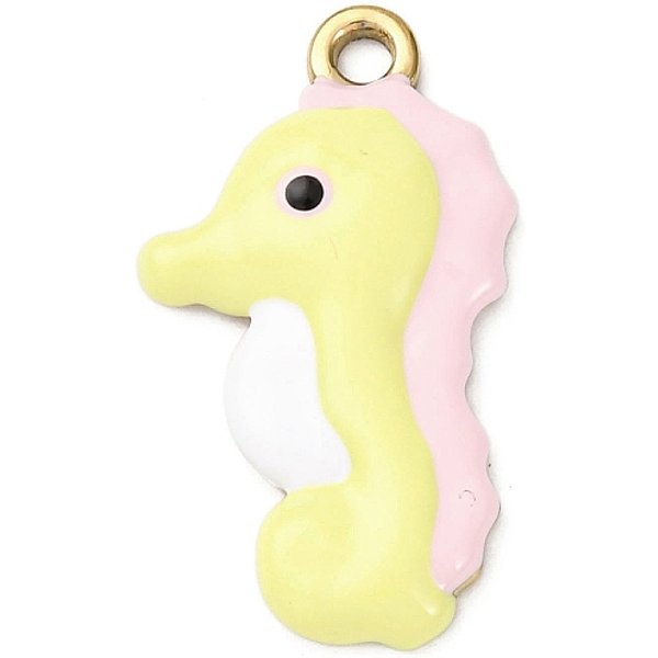 304 Stainless Steel Pendants, With Enamel, Ocean Themes, Real 18K Gold Plated, Ion Plating(Ip), Cadmium Free & Nickel Free & Lead Free, Sea Horse, 25.5X14.5X3Mm, Hole: 2.2Mm-image