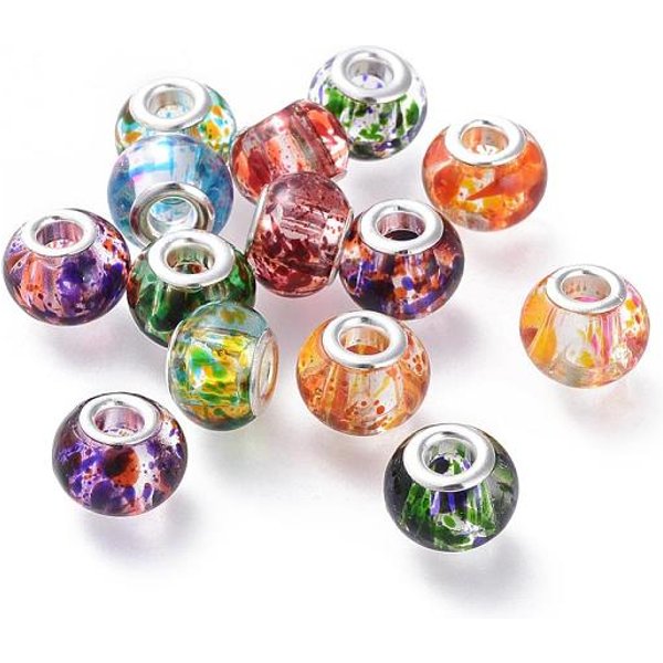 Perline Di Vetro Europeo Verniciatura A Spruzzo, Con Anime In Ottone Placcato Color Argento, Perline Con Foro Grande, Rondelle, Colore Misto, 14-15X9.5-11Mm, Foro: 5 Mm-image
