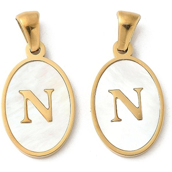Natural Shell Oval with Initial Pendants, with 304 Stainless Steel Settings, Ion Plating(IP), Real 18K Gold Plated, White, Letter N, 21x13x2mm, Hole: 3.5x5mm