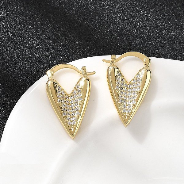 Boucles D'oreilles CréOles En Laiton Avec Micro Pavé De Zircons Cubiques Transparents En Forme De CœUr, Sans Cadmium Et Sans Plomb, CréMaillèRe Plaquage, Plaqué Longue DuréE, VéRitable 18K Plaqué Or, 26X17X4Mm-image