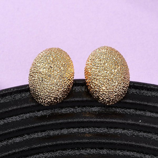 Brass Textured Stud Earrings, Nickel Free, Real 18K Gold Plated, Oval, 14X10.5Mm-image