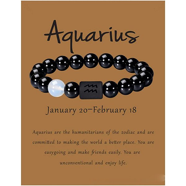 12 Constellation Round Opalite Beads Stretch Bracelets, With Black Agate Round Beaded, Aquarius, 1/4X2-3/8 Inch(0.8X6Cm)-image