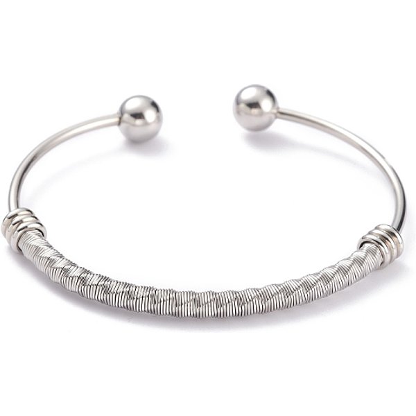 Bracelets joncs Torque en acier inoxydable 201 plaqué sous vide PVD, avec des perles rondes immobiles, torsadée, couleur inoxydable, diamètre intérieur: 2-1/2x1-7/8 pouce (6.3x4.8 cm)