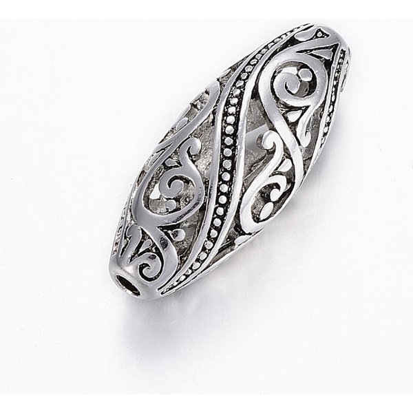 Tibetischer Stil Legierung Perlen, Hohl, Oval, Antik Silber Farbe, 25.5X10.5 Mm, Bohrung: 2 Mm-image