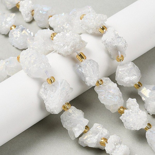 Electroplated Natural Druzy Agate Beads Strands, Nuggets, With Seed Beads, White, 10-16X12.5-15X11.5-13Mm, Hole: 0.8Mm, About 14Pcs/Strand, 8.07-8.27''(20.5-21Cm)-image