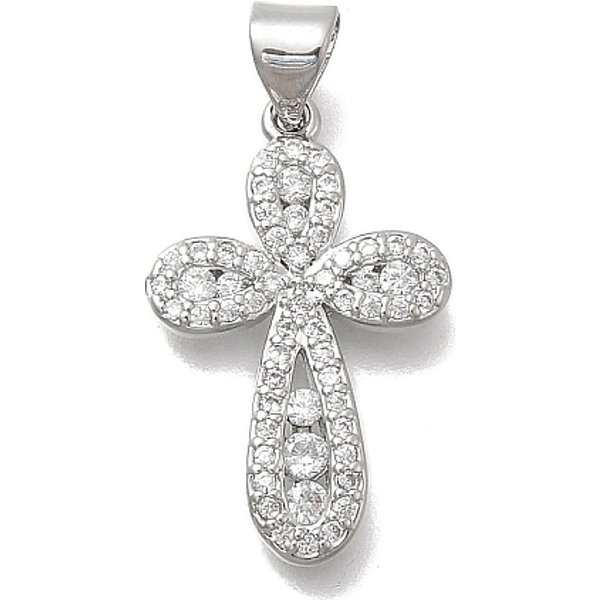 Pendentifs Croix En Laiton Micro Pavé De Zircone Cubique Transparente, Sans Cadmium Et Sans Plomb, CréMaillèRe Plaquage, Plaqué Longue DuréE, Platine, 22.5X14.5X2.5Mm, Trou: 4.5X3.5Mm-image