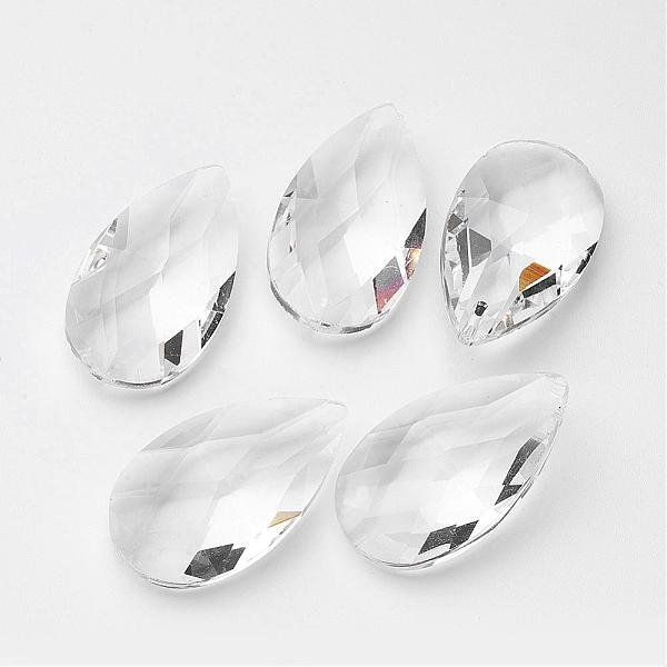 Faceted Teardrop Glass Pendants, Clear, 38X22.5X12Mm, Hole: 1.5Mm-image