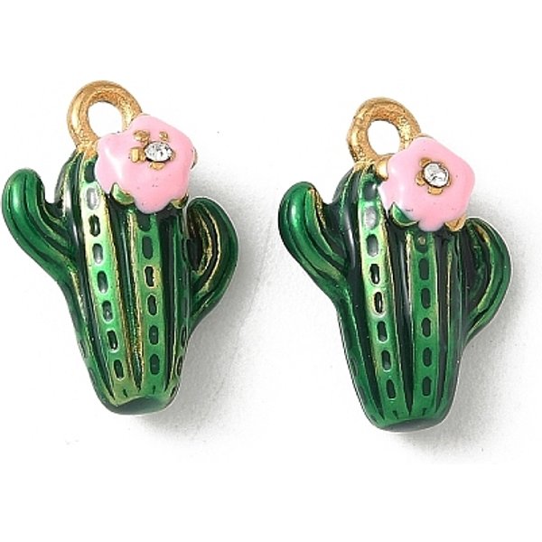 304 Stainless Steel Rhinestone Charms, With Enamel, Ion Plating(Ip), Cactus Charm, Real 18K Gold Plated, Green, 14X10.5X6Mm, Hole: 1.5Mm-image