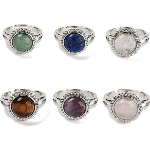 Anneaux RéGlables Ronds En Pierres MéLangéEs Naturelles, Bagues En Laiton Plaqué Platine Pour Hommes, DiamèTre IntéRieur: 18 Mm-image