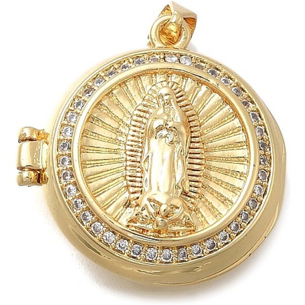 Pendentifs MéDaillon En Laiton Zircon Cubique Transparent, VéRitable 18K Plaqué Or, Sans Cadmium Et Sans Plomb, Plaqué Longue DuréE, CréMaillèRe Plaquage, Charme De La Vierge Marie, Ronde, 25X24X10.5Mm, Trou: 3.5X4Mm, DiamèTre IntéRieur...-image