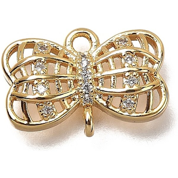 Breloques Connecteurs En Forme De NœUd Papillon En Laiton Micro Pavé De Zircones Cubiques, Plaqué Longue DuréE, Sans Nickel, VéRitable 18K Plaqué Or, Clair, 10.5X15X3Mm, Trou: 1.5 Mm Et 1.2 Mm-image