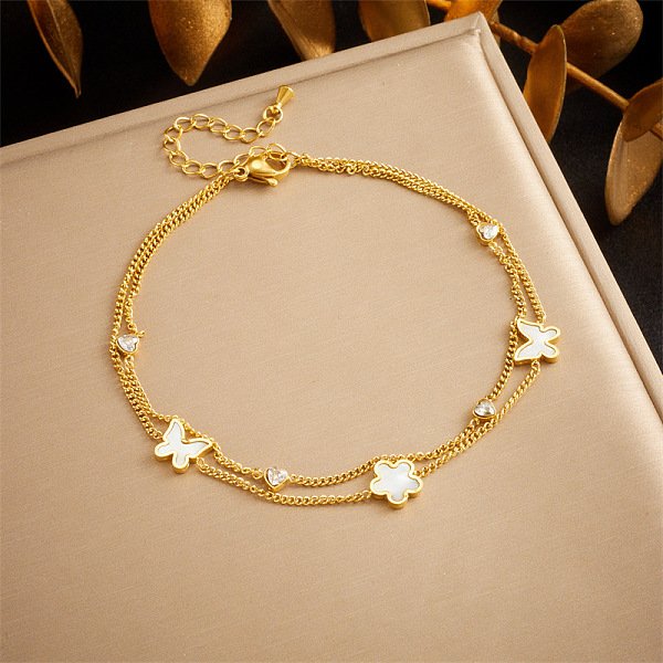 Bracelets De Cheville Double Couche En Acier Inoxydable 304 Avec Coquillage Naturel Et Strass En Cristal Pour Femmes, Or, Papillon, 8-1/4 Pouce (210 Mm)-image