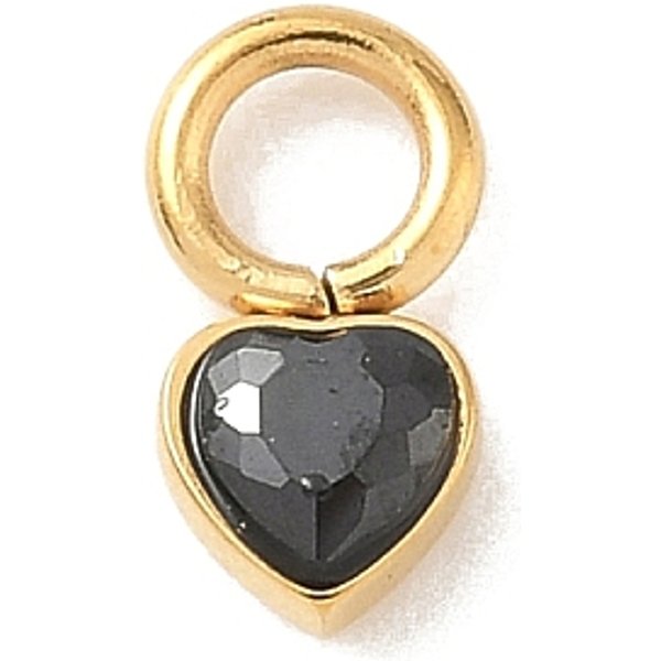 304 Stainless Steel Charms, Heart Charms, with Glass, Real 18K Gold Plated, Faceted, Black, 7.5x4x2.5mm, Hole: 2.5mm