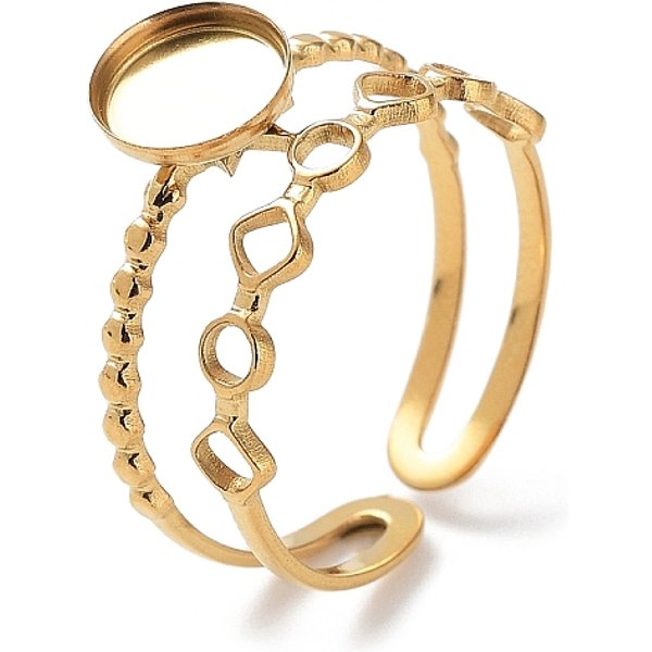 304 Stainless Steel Open Cuff Ring Components, Bezel Cup Ring Settings, Flat Round, Real 14K Gold Plated, Inner Diameter: 17mm, Tray: 6.5mm