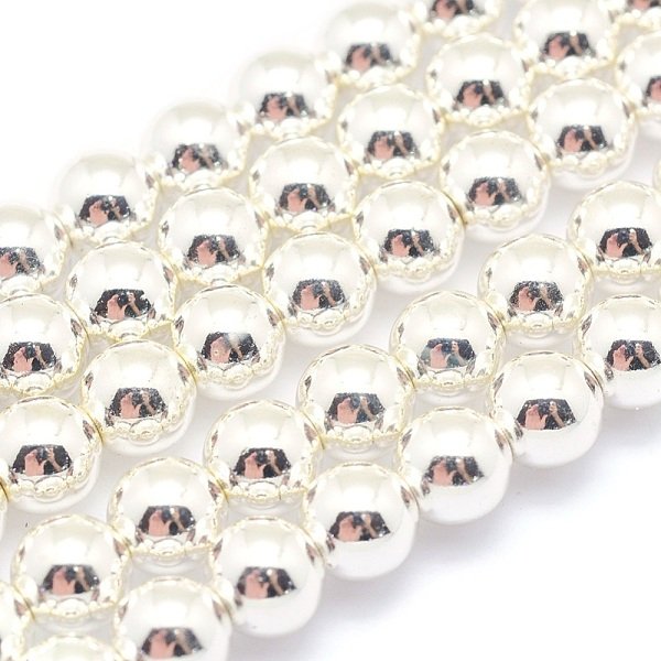 Electroplate Non-Magnetic Synthetic Hematite Beads Strands, Grade Aaa, Long-Lasting Plated, Round, Silver Plated, 4Mm, Hole: 1Mm, About 105Pcs/Strand, 15.7 Inch(40Cm)-image