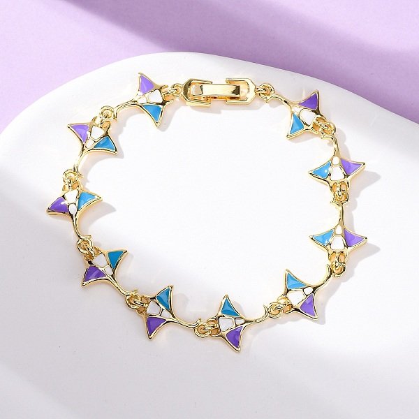Ocean Theme Brass Cubic Zirconia with Enamel Link Bracelets for Women, Golden, Colorful, Ray, 7-3/8 inch(18.6cm), Link: 18x12.5x2.5mm