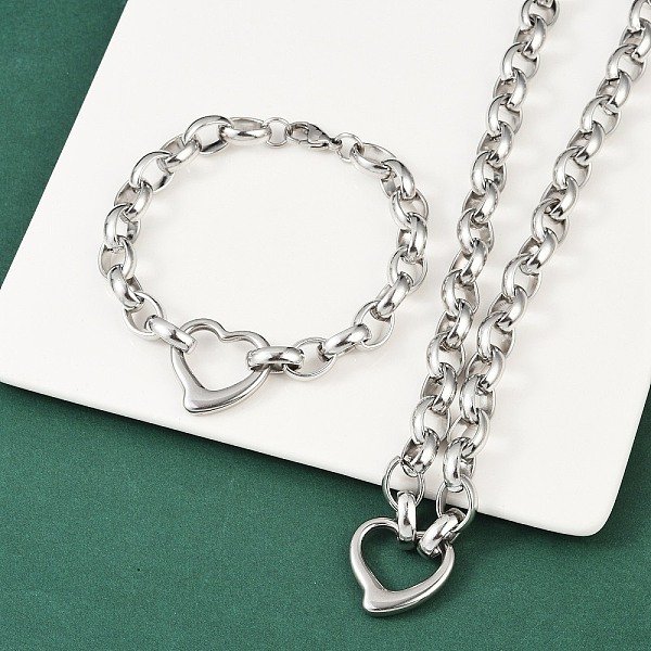 Conjuntos De JoyeríA De Cadena Rolo Cruzada De Acero Inoxidable 304 Resistente Al Deslustre, Collar Y Pulsera, Con Cierres De Pinza De Langosta Y Enlaces A CorazóN Abierto, Color Acero Inoxidable, 17 Pulgada, 8-1/4 Pulgada - 9 Pulgadas...-image