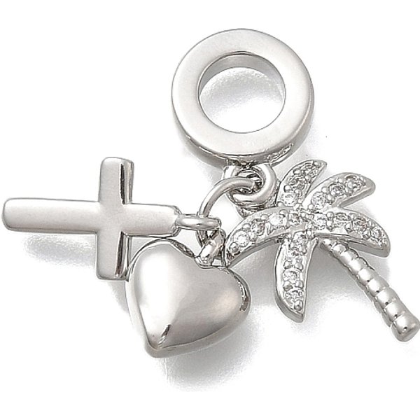 Breloques EuropéEnnes En Laiton Micro Pavé Clair Zircone Cubique, Pendentifs à Gros Trous En Forme De CœUr Et De Croix, Sans Cadmium Et Sans Plomb, Plaqué Longue DuréE, CréMaillèRe Plaquage, Platine, Arbre, 26Mm, Trou: 5.5Mm-image