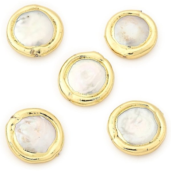 Natural Baroque Pearl Keshi Pearl Beads, Cultured Freshwater Pearl, Edge Golden Plated, Flat Round, White, 14-16Mm, Hole: 0.5Mm-image