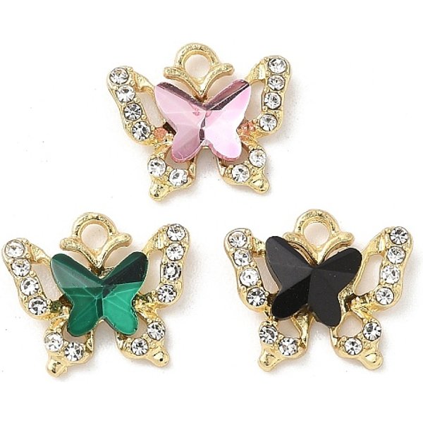 Pendentifs En Alliage Avec Strass, Or Clair, Sans Cadmium & Sans Nickel & Sans Plomb, Breloque Papillon, Couleur Mixte, 13.5X16X3Mm, Trou: 2.1Mm-image