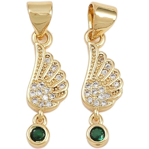 Brass Micro Pave Cubic Zirconia Pendants, Wing, Real 16K Gold Plated, 19.5X6.5X2Mm, Hole: 4X3.5Mm-image