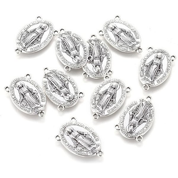 Holy Oval Carved Virgin Mary Tibetan Style Alloy Chandelier Component Links, 3 Loop Connectors, Rosary Center Pieces, Antique Silver, Lead Free & Cadmium Free, 23X14.5X3Mm, Hole: 1Mm, About 470Pcs/Kg-image