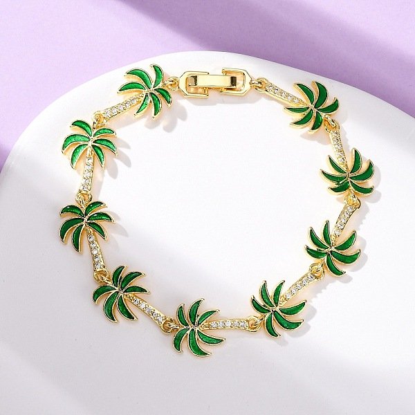 Ocean Theme Brass Cubic Zirconia with Enamel Link Bracelets for Women, Golden, Green, Coconut Tree, 7-1/4 inch(18.5cm), Link: 19.5x12x1.5mm