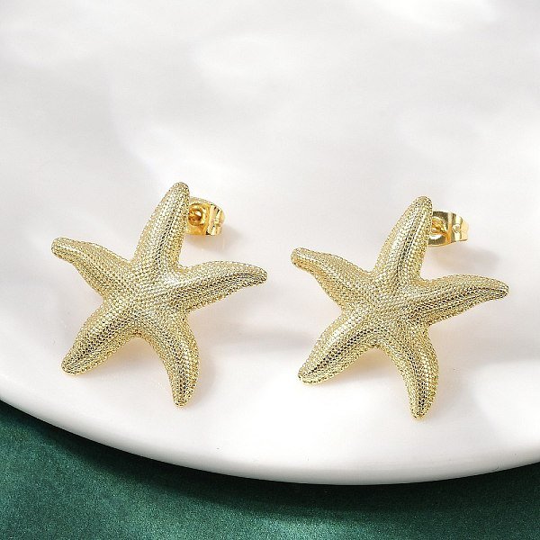 Aretes De LatóN, Estrella De Mar, Real 18K Chapado En Oro, 24X25Mm-image