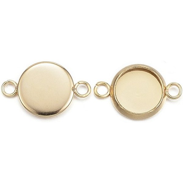 Ion Plating(IP) 304 Stainless Steel Cabochon Connector Settings, Plain Edge Bezel Cups, Flat Round, Golden, Tray: 8mm, 16x10x2mm, Hole: 2mm