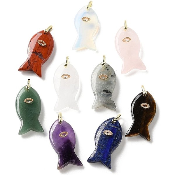Natural & Synthetic Mixed Gemstone Pendants, Fish Charms With Brass Micro Pave Clear Cubic Zirconia Findings, Golden, Mixed Dyed And Undyed, 39.5-40X20-20.5X8.5Mm, Hole: 4X4.5Mm-image
