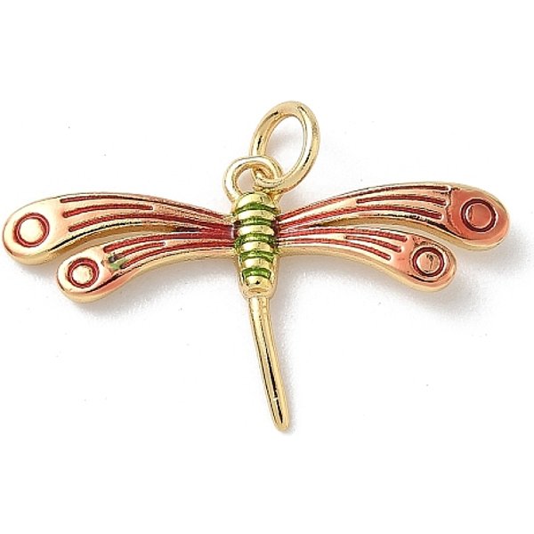 Insect Themes Brass Enamel Pendants, Rack Plating, Cadmium Free & Lead Free, Long-Lasting Plated, with Jump Ring, Real 18K Gold Plated, Dragonfly, 15x26.5x2.5mm, Hole: 3.5mm