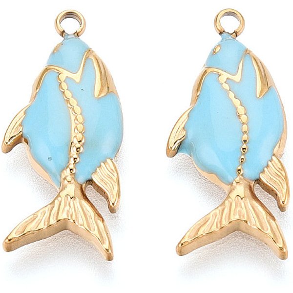 304 Edelstahl-Emaille-AnhäNger, Fisch, Ionenbeschichtung (Ip), Echtes 18K Vergoldet, Licht Himmel Blau, 21X9X2 Mm, Bohrung: 1.5 Mm-image