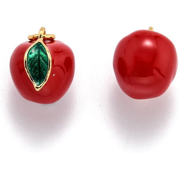 Brass Enamel Charms, with Jump Ring, Long-Lasting Plated, Real 18K Gold Plated, Apple, Red, 12x11x9.6mm, Hole: 2.8mm