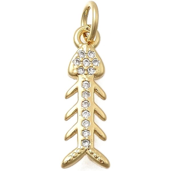 Brass Micro Pave Cubic Zirconia Pendants, Fish Bone, Cadmium Free & Lead Free, Rack Plating, Long-Lasting Plated, With Jump Ring, Real 18K Gold Plated, 17.5X5.5X2Mm, Hole: 3.2Mm-image