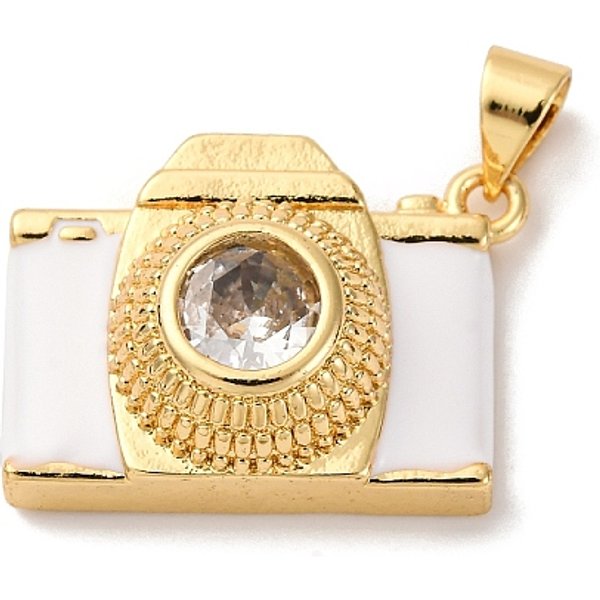 Colgantes De LatóN Con Micropavé De Circonitas CúBicas Y Esmalte, CáMara, Sin Plomo Y Cadmio, Chapado En Rack, Plateado De Larga DuracióN, Real 18K Chapado En Oro, Blanco, 15.5X22X8Mm, Agujero: 5X3.5 Mm-image