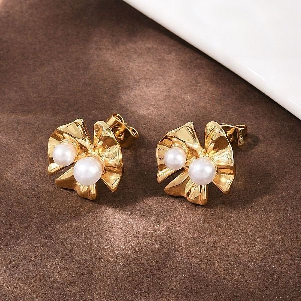 Pendientes De BotóN Con Flor De Perla De PláStico Abs De LatóN, Plateado De Larga DuracióN, Chapado En Rack, Real 18K Chapado En Oro, 14.5X15Mm-image