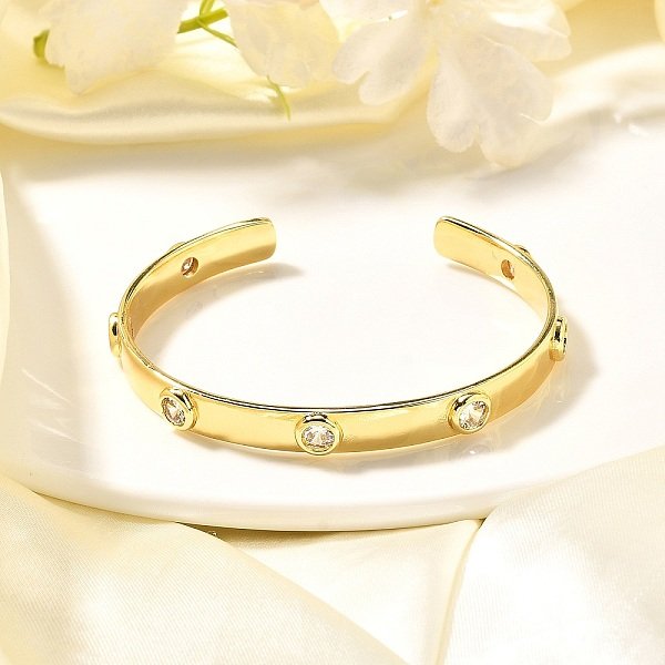 Clear Cubic Zirconia Flat Round Open Cuff Bangle, Brass Jewelry For Women, Cadmium Free & Nickel Free & Lead Free, Real 18K Gold Plated, Inner Diameter: 2-1/4 Inch(5.6Cm)-image